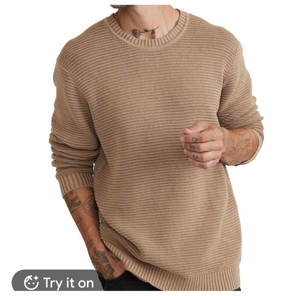 Marine Layer Men's Ribbed Crewneck Sweater in Tan